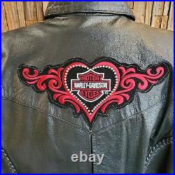 Barney's Black Leather Biker Jacket Harley Davidson Heart Patches Lined Sz XXXL