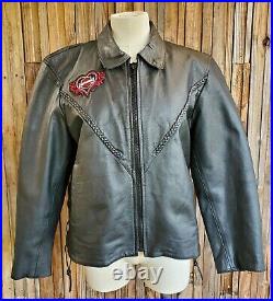 Barney's Black Leather Biker Jacket Harley Davidson Heart Patches Lined Sz XXXL