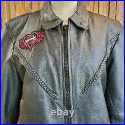 Barney's Black Leather Biker Jacket Harley Davidson Heart Patches Lined Sz XXXL