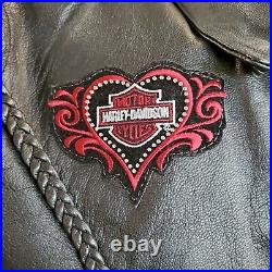 Barney's Black Leather Biker Jacket Harley Davidson Heart Patches Lined Sz XXXL