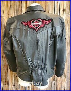 Barney's Black Leather Biker Jacket Harley Davidson Heart Patches Lined Sz XXXL