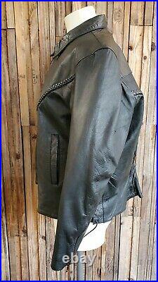 Barney's Black Leather Biker Jacket Harley Davidson Heart Patches Lined Sz XXXL