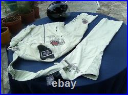 Harley Davidson White Leather Jacket, Chaps (small) & black helmet. No Reserve