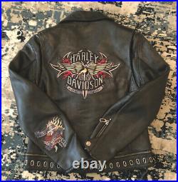 Harley Davidson Womens (M) Leather Jacket Embroidered Special Features Rare