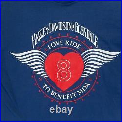 VTG 90s Harley Davidson MDA Love Ride 8 Tshirt Navy Blue Winged Heart Biker