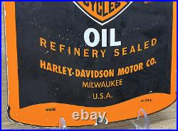 Vintage Harley Davidson Motor Oil Can Porcelain Sign Gas Station Pump Plate