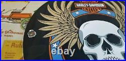 Vintage Harley Davidson Motorcycle Porcelain Gas Auto Bike Sales Skull Pump Sign