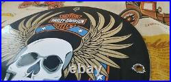 Vintage Harley Davidson Motorcycle Porcelain Gas Auto Bike Sales Skull Pump Sign
