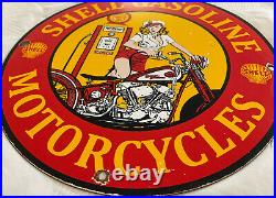 Vintage Shell Motorcycle Gasoline Porcelain Sign Pump Oil Pin Up Harley Davidson
